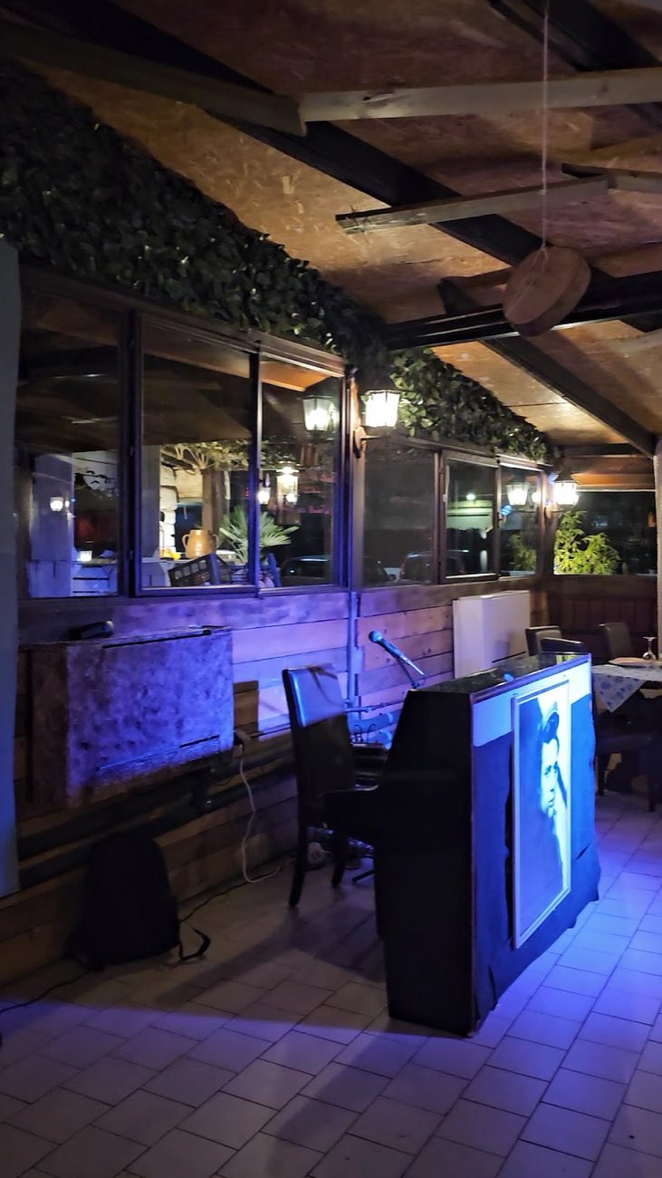 La veranda coperta con arredi in legno e piante